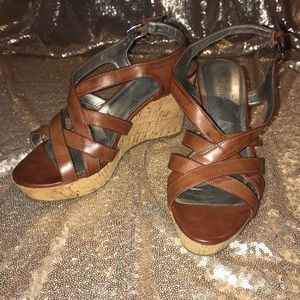 Brown leather strappy wedge sandals